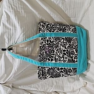 Lands End tote light teal blue, white and black, monogram MBT.